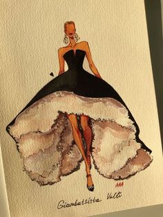 a drawing of a woman in a black and white dress with fur on the skirt