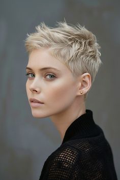 A person with short, textured blonde hair looks over their shoulder, wearing a black top and gold earring. Super Short Haircuts For Women, Round Face Pixie Cut, Super Short Hair Styles, Super Short Hairstyle Women, Ash Blonde Pixie, Super Short Hairstyles, Short Blonde Pixie Cut, Very Short Pixie Haircut, Stylish Short Haircuts For Women