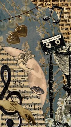 an altered collage with music notes, musical instruments and hearts in the sky above