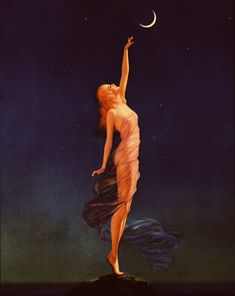 a painting of a woman reaching for the moon