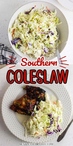 two plates with coleslaw and chicken on them