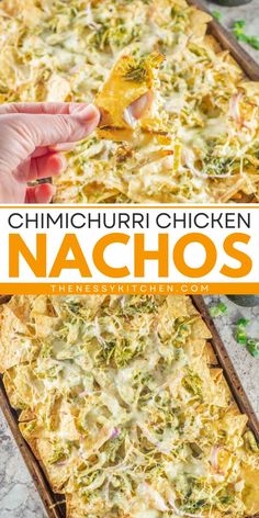 The best chicken nachos! Your football party food ideas won't be complete without them. Made with shredded chicken, chimichurri sauce, cheese, and other toppings, these sheet pan nachos are a simple crowd-pleasing appetizer recipe! Pin this easy game day recipe for later! Chicken Chimichurri, Football Party Food Ideas, Shredded Chicken Nachos, Sheet Pan Nachos, Pan Nachos, Chimichurri Chicken, Easy Nachos, Game Day Recipes