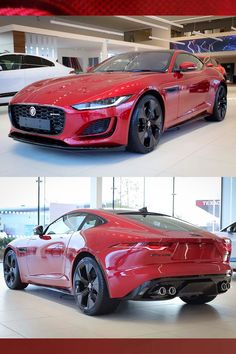 two different views of the front and back of a red sports car in a showroom