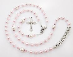 Pink and White Swarovski Pearl Personalized Baptism Rosary Pink Beaded Jewelry For First Communion, Pink Beaded Jewelry For Baptism, Pink Rosary With Round Beads For First Communion, Pink Rosary For First Communion, Pink Rosary, Rosary Gift, Pearl Rosary, Rosary Beads Catholic, Baptism Girl