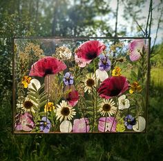 a glass frame with flowers in it hanging from a tree branch on the side of a road