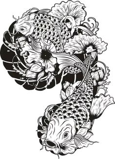 two koi fish with flowers and leaves in their mouths, one is black and white