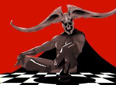 a drawing of a demon sitting on a checkered floor in front of a red background