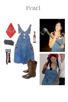 there is a girl wearing overalls and boots