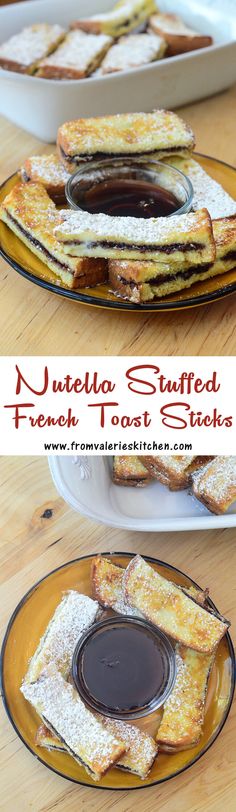 nutella stuffed french toast sticks on a plate with chocolate sauce in the middle and other desserts