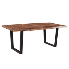 a wooden table with black metal legs