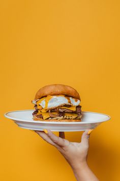 a hand holding a plate with a cheeseburger on it against a yellow background