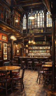 the interior of a bar with wooden tables and chairs