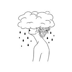 a drawing of a woman with rain coming out of her head