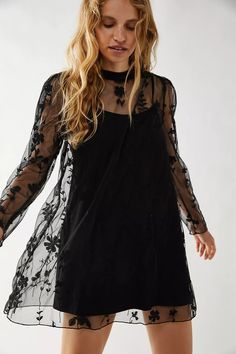 Sheer Long Sleeve Dress, Edgy Dress, Sheer Mini Dress, Dark Dress, Trapeze Dress, Overlay Dress, Mini Slip Dress, Glam Rock, Free People Black