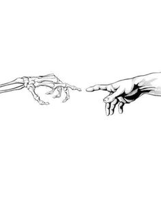 two hands reaching out to each other with their fingers extended in the same direction,