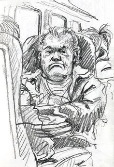 a drawing of a man sitting in the back seat of a car with his head down