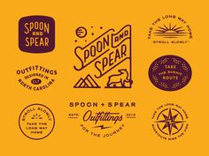 various logos and emblems for some type of clothing, including the words spoon and spear