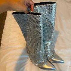 New Without Tags (Only Tried On) Smoke Free Foldover Boots, Bershka Shoes, Silver Rhinestone, Size 6, Women Shoes, Tags, Boots, Silver, Women Shopping