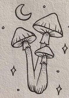 a drawing of two mushrooms with the moon and stars in the sky behind them on paper