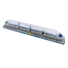 a toy train that is sitting on the tracks in front of a white background with blue trim