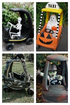 four different types of halloween decorations in various shapes and sizes, including a car with a skeleton on it