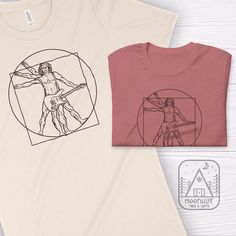 two t - shirts, one with a drawing of a man and the other with a woman