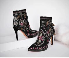 Leather Embroidery Ankle Boots | mygoodyshop.com – MyGoodyShop Luxury Elegant Embroidered Boots, Elegant Luxury Embroidered Boots, Luxury Embroidered Pointed Toe Boots, Luxury Embroidered Black Boots, Leather Embroidery, Black Strap Heels, Studded Heels, Stiletto Boots, Super High Heels