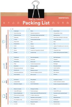 the ultimate packing list is shown on a clipboard with an orange tag hanging from it