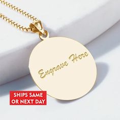 Custom engraved charm necklace. Engrave your charm with Monogram, Initials, or your favorite message that can be engraved on the back! - Item can be engraved with message, names, dates or monogram. - Engraving doesn't delay your shipment. - Available in Three Sizes in Solid 14K, 10k,Yellow, White, Or Sterling Silver - What Shape is This Item? Round - Is a Chain Included? You can choose which chain to add to your order when checking out - All Sterling Silver is protected with a tarnish resistance Engraved Initial Pendant Medallion Necklace For Gift, Engraved Medallion Necklace With Initial Pendant For Gifts, Engraved Initial Pendant Medallion Necklace As A Gift, Engraved Initial Pendant Medallion Necklace, Engraved Medallion Charm Necklaces As Gift, Personalized Round Pendant Medallion Necklace For Gifts, Engraved Medallion Charm Necklace For Gift, Engraved Medallion Charm Necklace As Gift, Engraved Round Pendant Medallion Necklace Gift