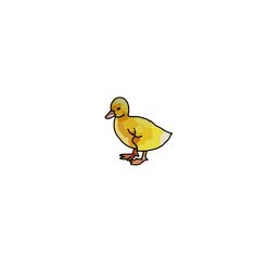 a small yellow duck standing on top of a white floor