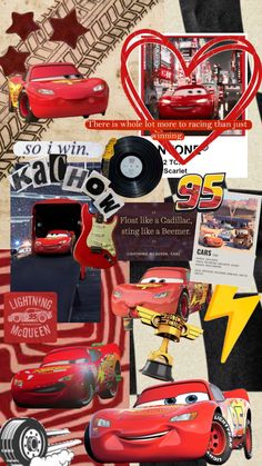 a collage of cars and other things in red, yellow, black and white