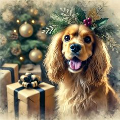 a dog with a christmas wreath on its head next to presents