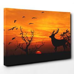 a deer is silhouetted against an orange sunset with birds flying in the sky above it