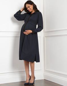 Button dress, nursing dress, shirt dress, jersey, maternity, maternity dress, collar, long sleeve, box pleat, midi, side slits, navy, vivian Elegant Long Sleeve Maternity Dress, Navy Long Sleeve Midi Dress For Formal Occasions, Elegant Navy Button-up Dress, Navy Button-up Dress For Work, Navy Button-up Workwear Dress, Chic Long Sleeve Navy Midi Dress, Chic Navy Long Sleeve Midi Dress, Elegant Maternity Dress For Fall, Navy Long Sleeve Workwear Dress