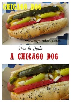 two pictures of a chicago dog with tomatoes, peppers, and pickles on it