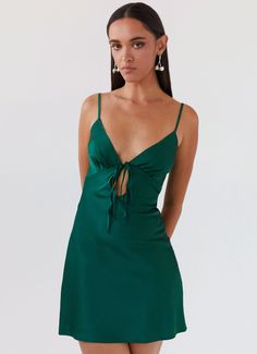 Flora Satin Mini Dress - Forest Green Hoco Dresses V Neck, Forest Green Dress Formal Mini, Green Mini Satin Dress For Party, Green Satin Mini Dress For Spring, Green Graduation Dress, Emerald Green Hoco Dress, Green Silk Mini Dress, Dark Green Hoco Dress, Spring Green Satin Mini Dress