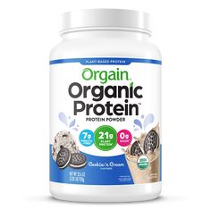 the bottle of organic protein is shown on a white background