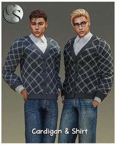 two men wearing sweaters and glasses are standing next to each other