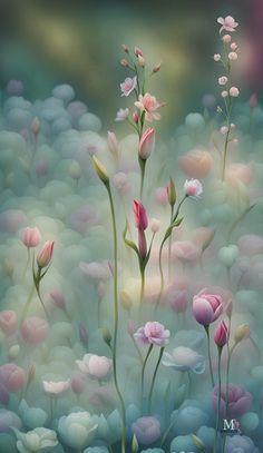 a painting of pink and white flowers in water