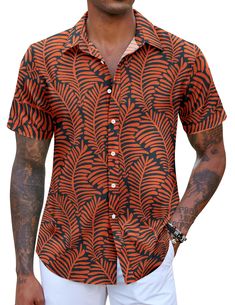 PRICES MAY VARY. 【High Quality Fabric】The men's hawaiian shirts is made of high quality soft polyester fabric with quick to dry effect, giving you the free comfortable wearing experience in all seasons especially hot days. 【Beach Printed Style】Mens button down short sleeve shirt has a variety of print pattern options, such as ethnic style, abstract pattern, multi-color printed leaves pattern. Each color is eye-catching and you'll look like a gentleman and handsome when wearing this mens beach sh Patterned Camp Shirt With All Over Print For Vacation, Collared Camp Shirt With All Over Print For Vacation, Patterned All-over Print Camp Shirt For Vacation, Brown Summer Camp Shirt For Vacation, Collared Hawaiian Shirt With All Over Print For Vacation, All Over Print Hawaiian Shirt For Vacation, Orange Printed Hawaiian Shirt For Summer, Orange Printed Casual Hawaiian Shirt, Collared Beach Camp Shirt With All Over Print