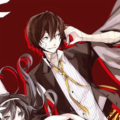 two anime characters are posing together in front of a red background with black and white swirls