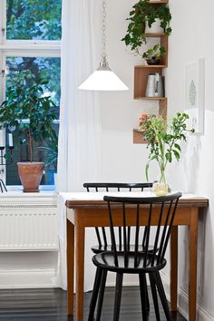 a dining room table and chairs with plants on the shelf above it, in front of a window