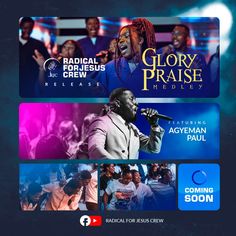 an ad for glory praise medical with the image of a man singing into a microphone