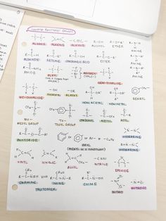 a laptop computer sitting on top of a desk next to a sheet of paper with chemical symbols