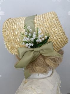 This price is for a bonnet and a floral clip only, others are not included. Lolita Accessories:Floral Design Old Fashioned Accessories, Regency Straw Bonnet, Regency Era Hats, Regency Bonnet Fashion Plates, Lily Of The Valley Outfit, Regency Hat, Cottage Core Accessories, Bergere Hat, Flower Costume Diy