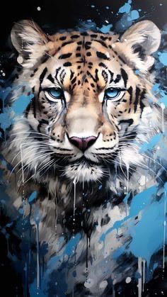 a painting of a tiger with blue eyes and black spots on it's face