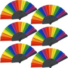 six different colors of the same fan are shown in this image, one is multicolored and the other is black