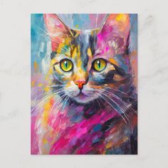 a colorful painting of a cat with green eyes