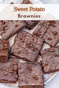 chocolate brownies on a plate with text overlay that reads sweet potato brownies