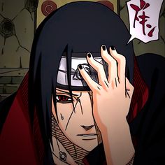 an anime character with black hair and red eyes holding his hand up to his face